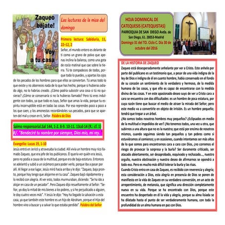 HOJA DOMINICAL DE CATEQUESIS. DOMINGO 31 DEL TO. CICLO C. DIA 30 DE OCTUBRE D...