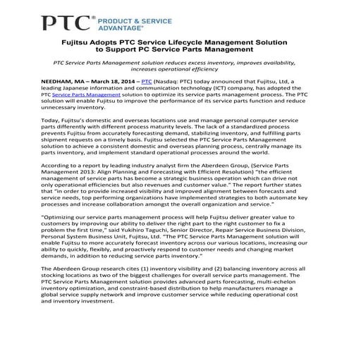 Fujitsu Adopts PTC Service Lifecycle Management Solution to Support PC Servic...