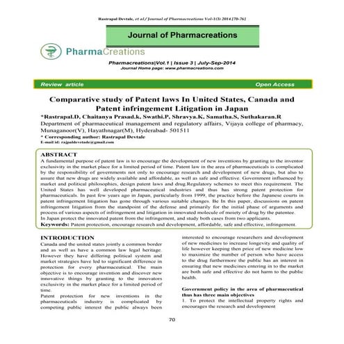 Comparative study of Patent laws In United States, Canada and Patent infringe...