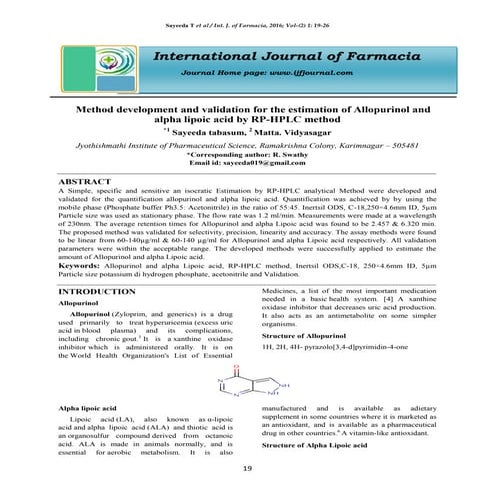 Method development and validation for the estimation of Allopurinol and alpha...