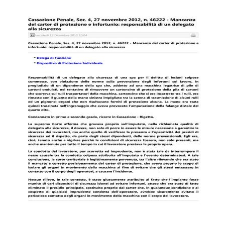 03   cassazione penale  46222 - responsabilità di un delegato alla sicurezza