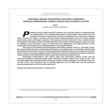 Portable Mesin Pemotong Kentang Otomatis Dengan Mekanikme Crank-Slider dan Fplexible Cutter