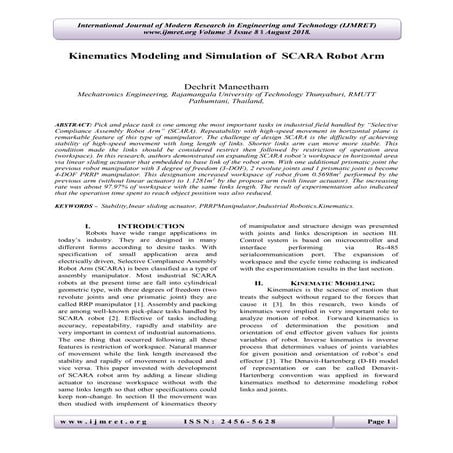 Kinematics Modeling and Simulation of SCARA Robot Arm