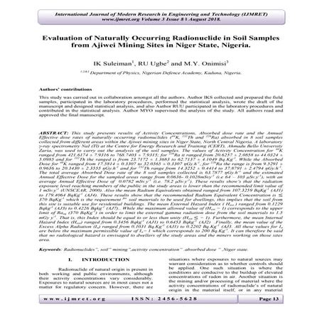 Evaluation of Naturally Occurring Radionuclide in Soil Samples from Ajiwei Mi...