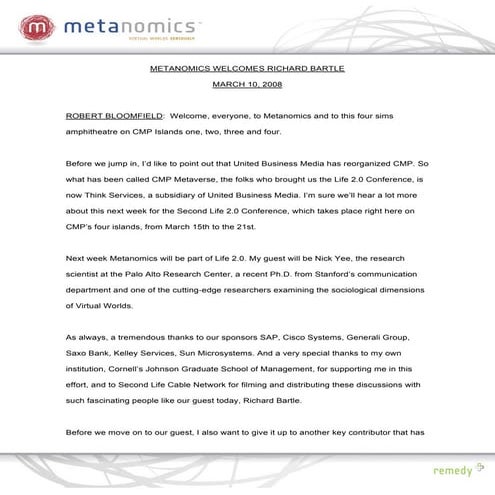 031008 Richard Bartle Metanomics Transcript