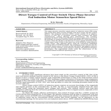 Direct Torque Control of Four Switch Three Phase Inverter Fed Induction Motor...
