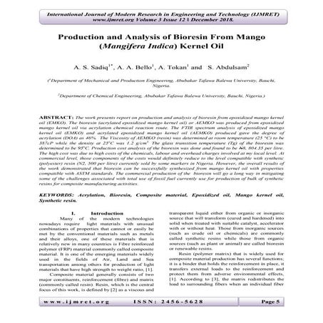 Production and Analysis of Bioresin From Mango (Mangifera Indica) Kernel Oil