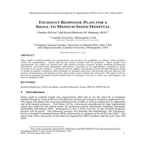 INCIDENT RESPONSE PLAN FOR A SMALL TO MEDIUM SIZED HOSPITAL