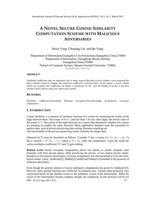 A NOVEL SECURE COSINE SIMILARITY COMPUTATION SCHEME WITH MALICIOUS ADVERSARIES