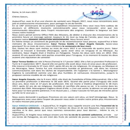 Messaggio della Consigliera Sr. Alaíde Deretti (14 marzo 2017) FRANCESE