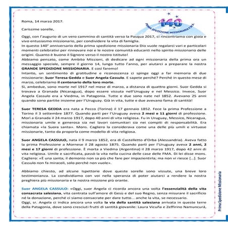 Messaggio della Consigliera Sr. Alaíde Deretti (14 marzo 2017) ITALIANO