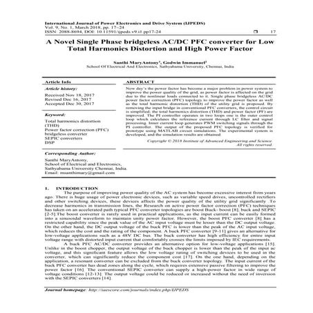 A Novel Single Phase bridgeless AC/DC PFC converter for Low Total Harmonics D...