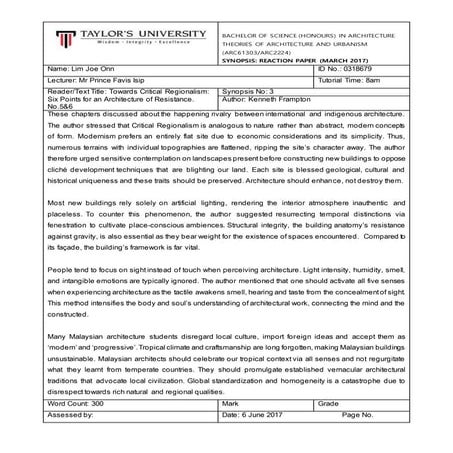 Synopsis 3 - Towards Critical Regionalism