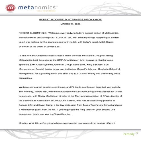 032808 Mitch Kapor Metanomics Transcript