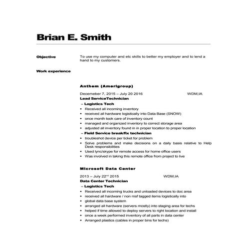 Resume of Brian Smith