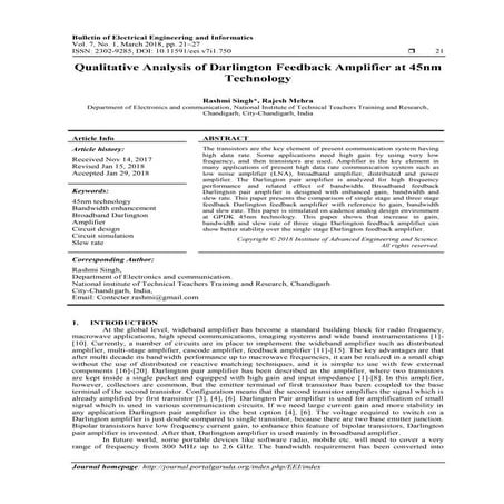 Qualitative Analysis of Darlington Feedback Amplifier at 45nm Technology