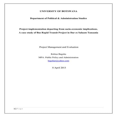 Implementation of Rapid Transit Project departing in Tanzania