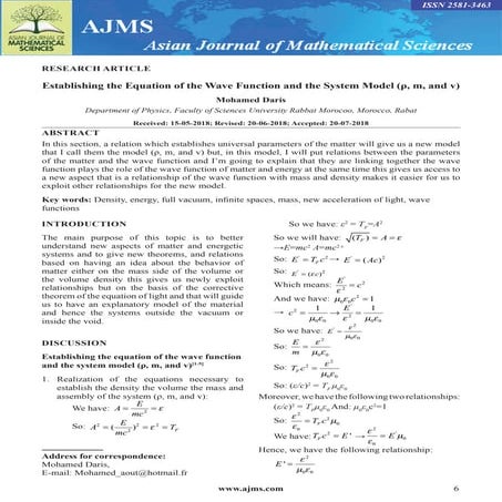 Establishing the Equation of the Wave Function and the System Model (ρ, m, an...