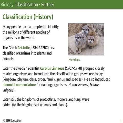 JSH03B011 Classification  - Further; Biology Education ages 11-14