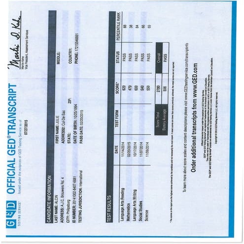 Julie Alcin - GED official Transcript