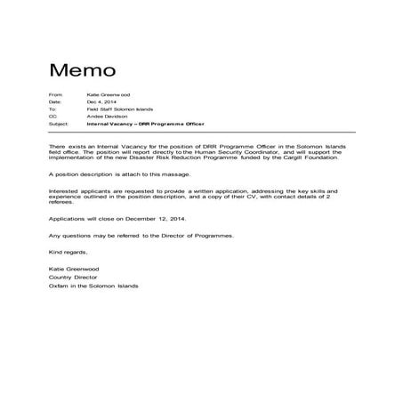 Memo DRR Internal Vacancy