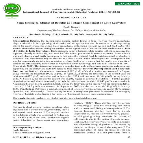 Some Ecological Studies of Detritus as a Major Component of Lotic Ecosystem