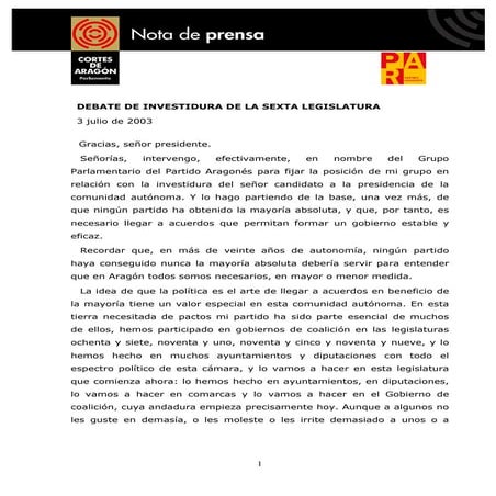 Debate de investidura de la sexta legislatura. 2003
