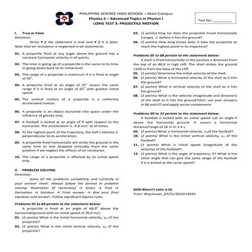 Physics 2 LT3: Projectile Motion Solutions
