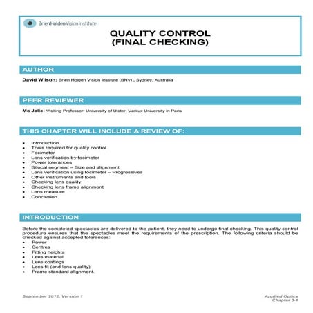 Quality control  optical lens prescription