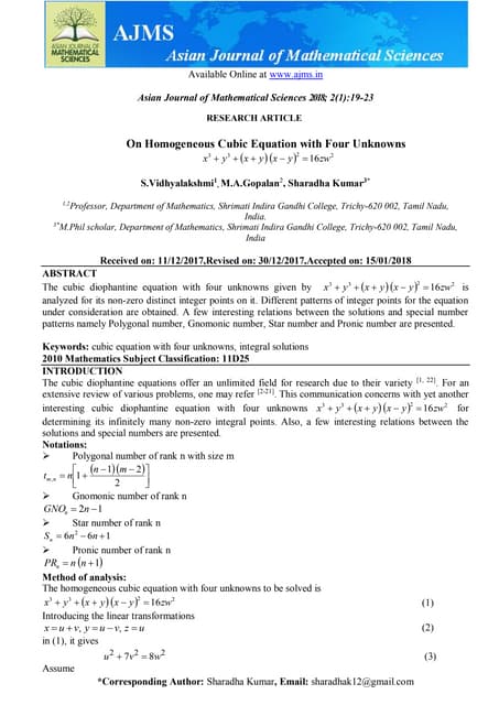 On Pairs of M- Gonal numbers with unit difference | PDF