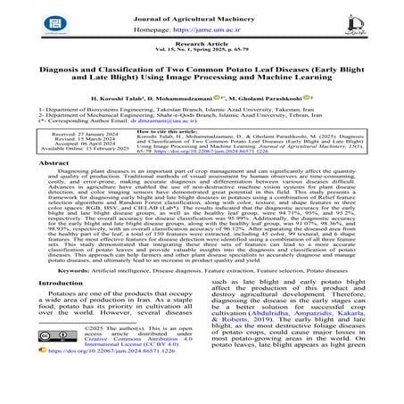 Diagnosis and Classification of Two Common Potato Leaf Diseases (Early ...