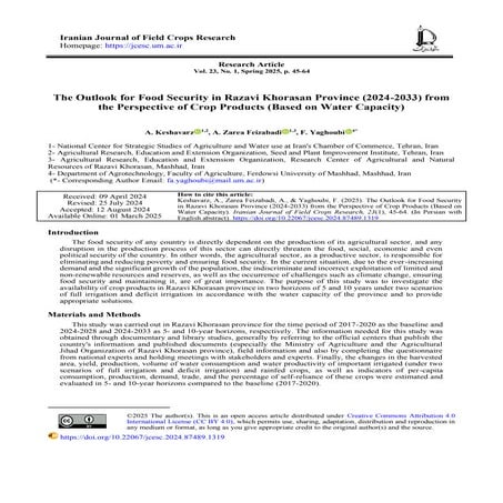 The Outlook for Food Security in Razavi Khorasan Province (2024-2033) from th...