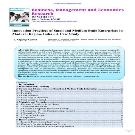 Innovation Practices of Small and Medium Scale Enterprises in Madurai Region, India - A Case Study