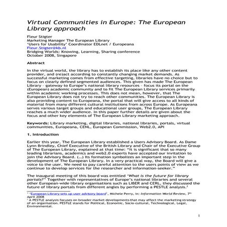 “Virtual Communities in Europe: the cultural mix and how the European Library...