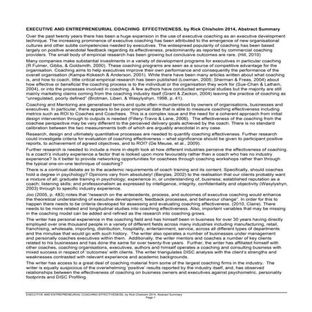 EXECUTIVE COACHING EFFECTIVENESS, by Rick Chisholm 2014, Abstract Summary