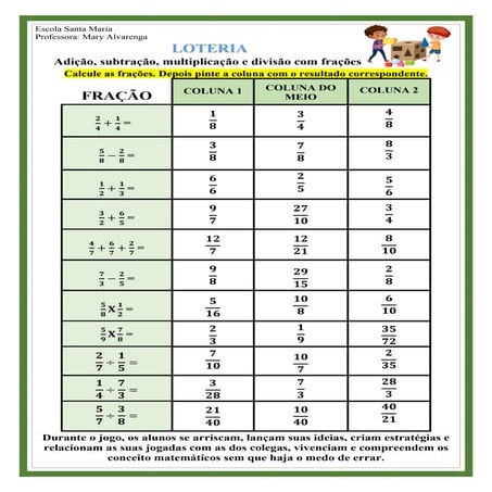 Loteria - Adição, subtração, multiplicação e divisão  com frações