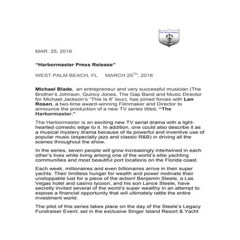 HARBORMASTER PRESS RELEASE 
