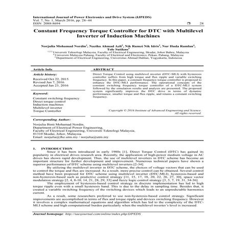Constant Frequency Torque Controller for DTC with Multilevel Inverter of Indu...