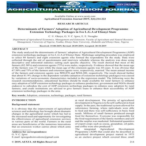 Determinants of Farmers’ Adoption of Agricultural Development Programme Exten...