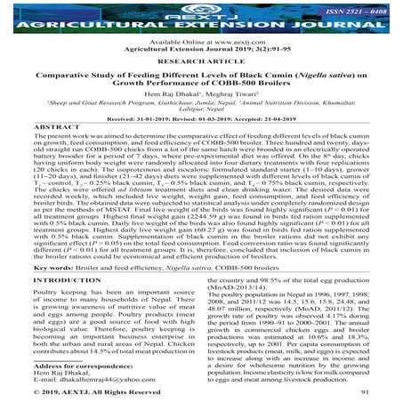 Comparative Study of Feeding Different Levels of Black Cumin (Nigella sativa)...