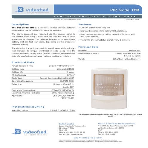 04 a pir itr specification sheet
