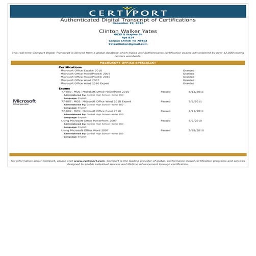 MOS Certifications Transcript PDF