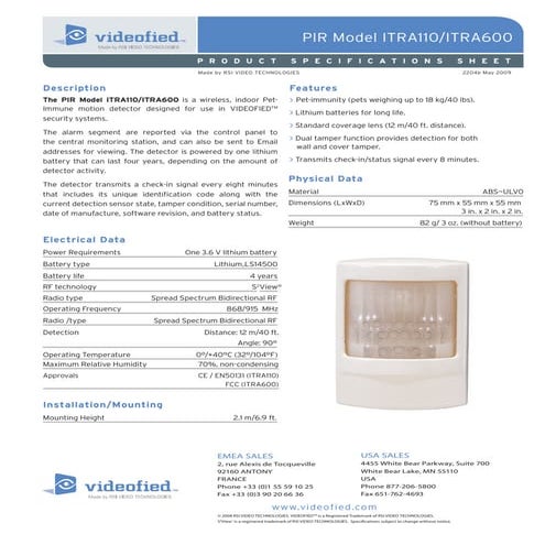 04 b pir itra specifications sheet