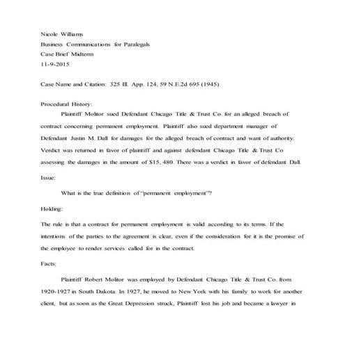 Case Brief Molitor v Chicago Title & Trust Co