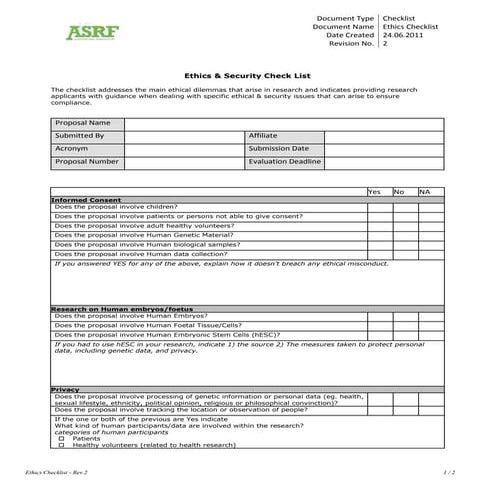 ASRF ethics checklist | DOCX