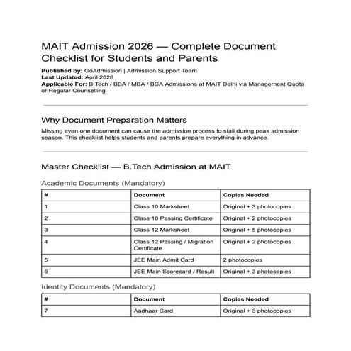 MAIT Admission 2026: Complete Document Checklist for B.Tech, BBA, MBA ...