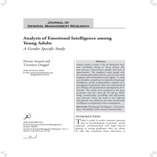 Analysis of Emotional Intelligence among Young Adults: A Gender Specific Study