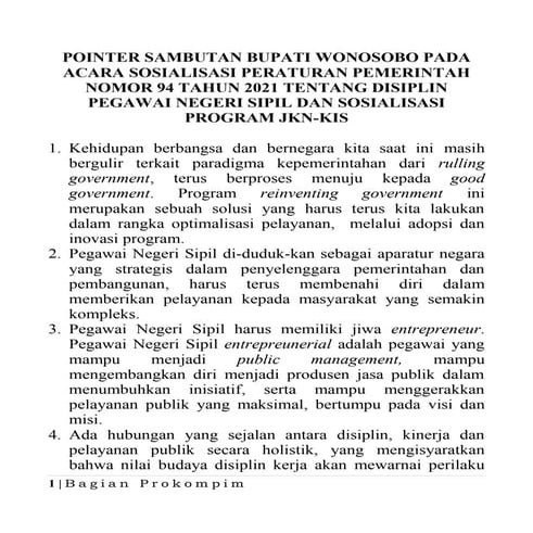 04 okt, sambutan pembukaan sosialisasi pp 94 tahun 2021 tentang disiplin pns