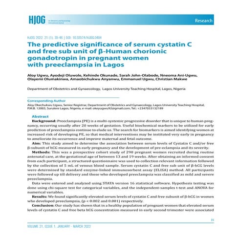 The predictive significance of serum cystatin C and free sub unit of β-Human chorionic gonadotropin in pregnant women with preeclampsia in Lagos