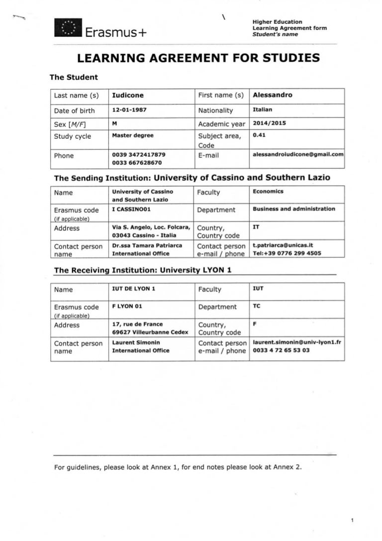 Learning agreement erasmus studies alessandro iudicone